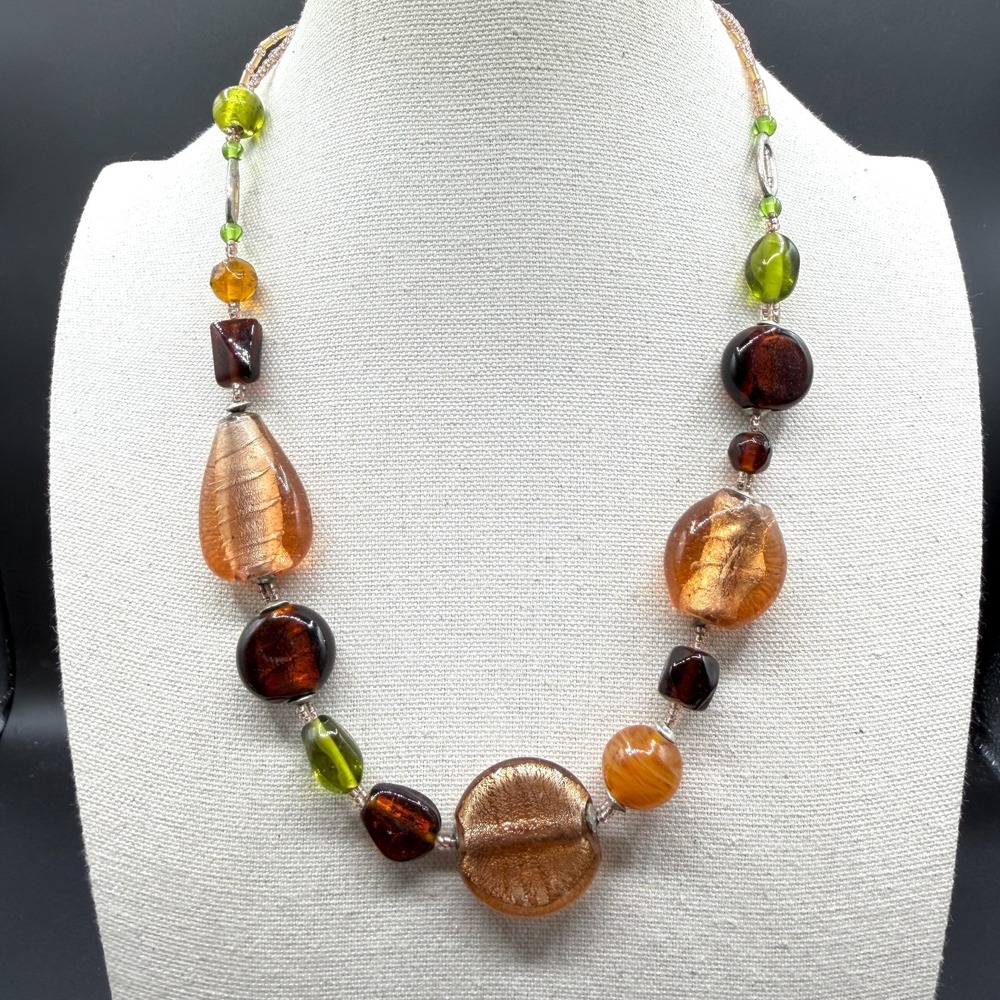 Art Glass Foil Bead Necklace Amber Tone Green Brown Multi Strand Statement Gift